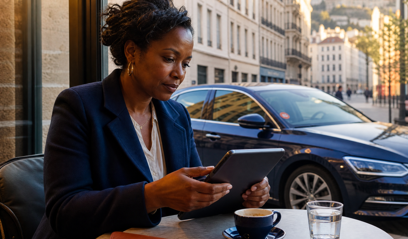 Chauffeuse VTC consultant son contrat d’assurance professionnelle sur une tablette près de sa voiture