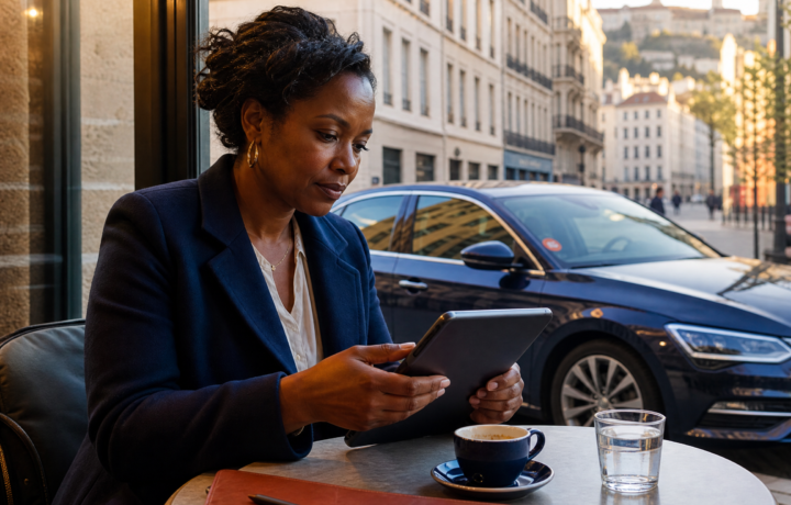 Chauffeuse VTC consultant son contrat d’assurance professionnelle sur une tablette près de sa voiture