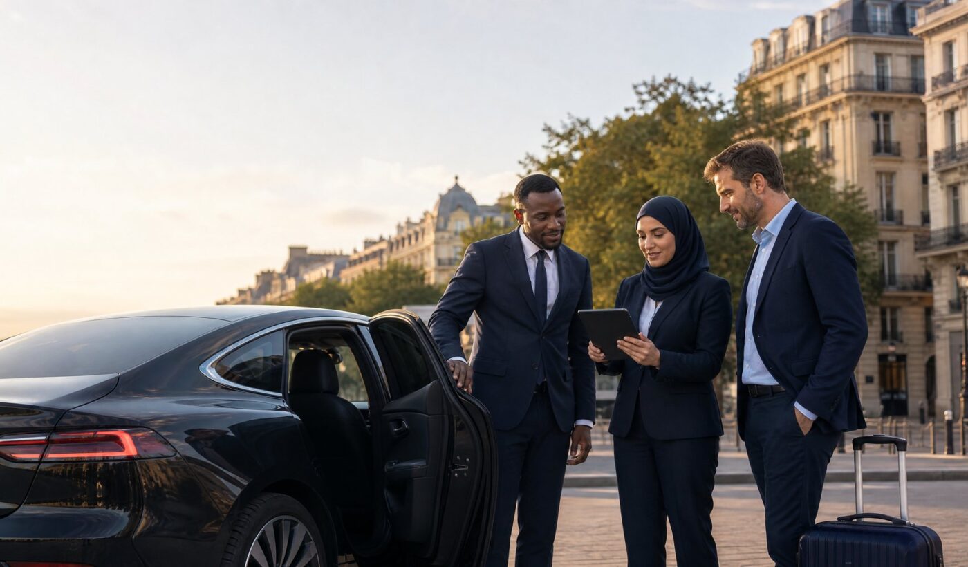 Chauffeurs VTC noir et arabe et professionnel blanc organisent une prise en charge près d’une voiture en ville