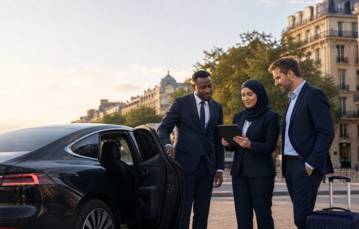 Chauffeurs VTC noir et arabe et professionnel blanc organisent une prise en charge près d’une voiture en ville