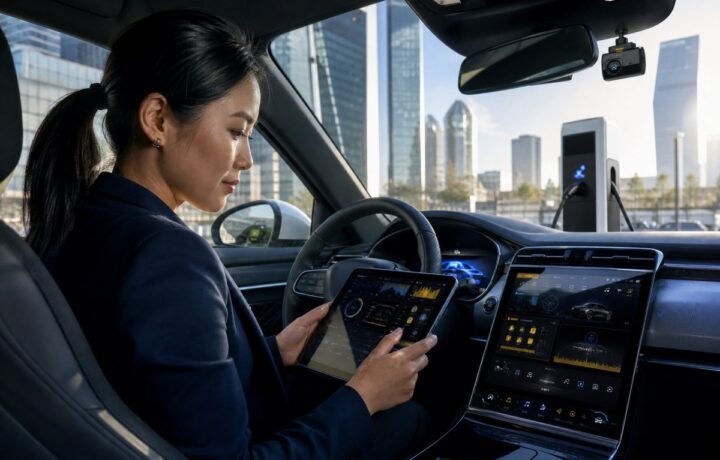 Chauffeuse VTC française d'origine asiatique utilisant une tablette sécurisée dans sa voiture moderne à La Défense