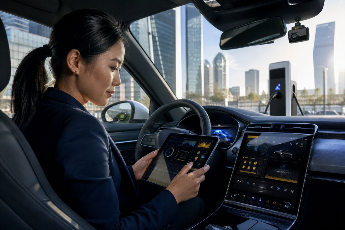 Chauffeuse VTC française d'origine asiatique utilisant une tablette sécurisée dans sa voiture moderne à La Défense