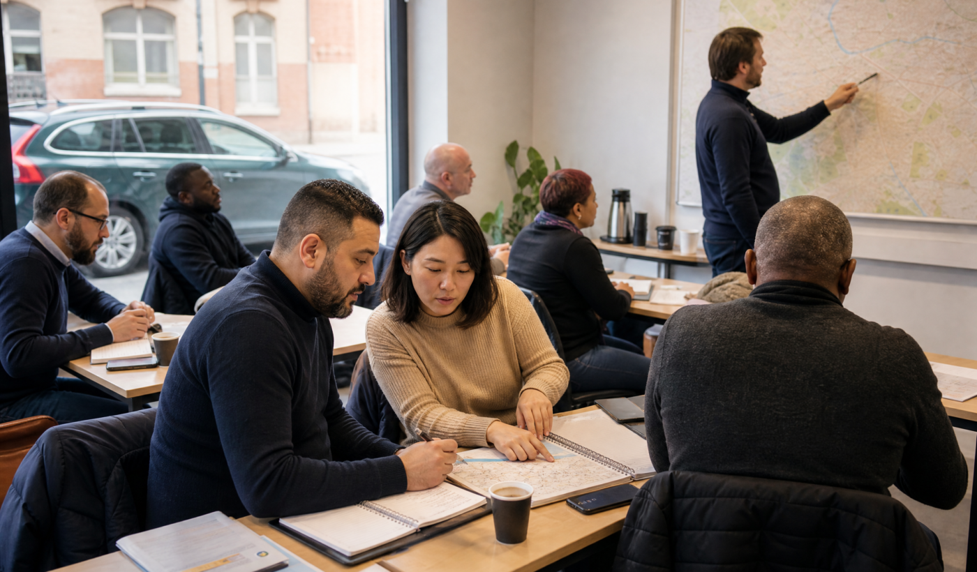 Groupe multiculturel de chauffeurs VTC en formation continue dans une salle de cours française
