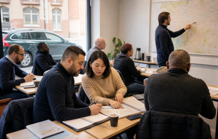 Groupe multiculturel de chauffeurs VTC en formation continue dans une salle de cours française
