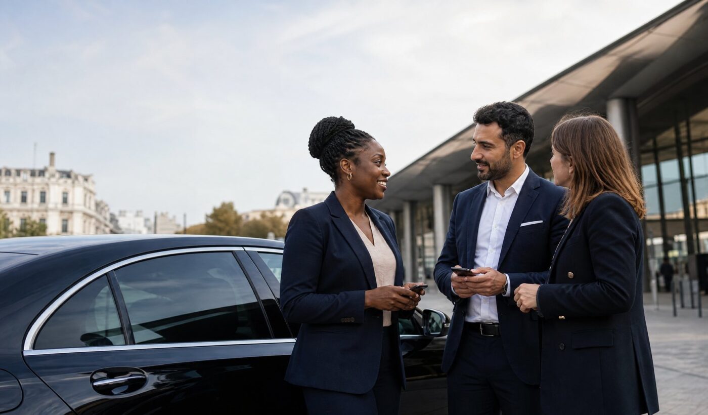 Trois professionnels VTC noirs, arabes et blancs échangent près d’une voiture dans une ville française