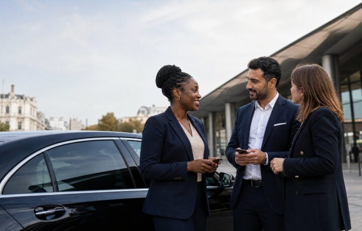 Trois professionnels VTC noirs, arabes et blancs échangent près d’une voiture dans une ville française