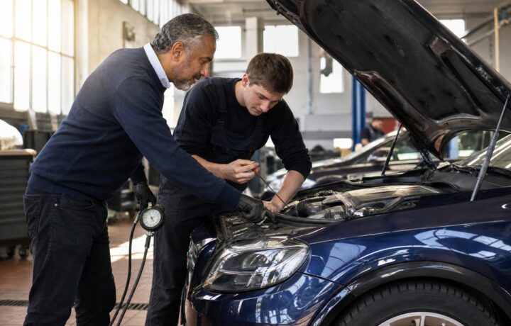 Chauffeur VTC français d'origine sud-asiatique effectuant des vérifications de sécurité sur son véhicule avec un jeune mécanicien