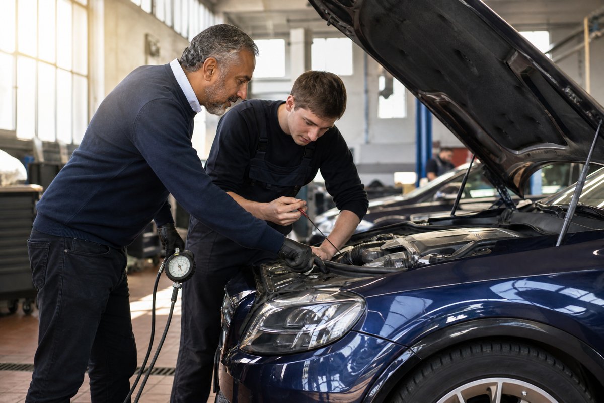 Chauffeur VTC français d'origine sud-asiatique effectuant des vérifications de sécurité sur son véhicule avec un jeune mécanicien