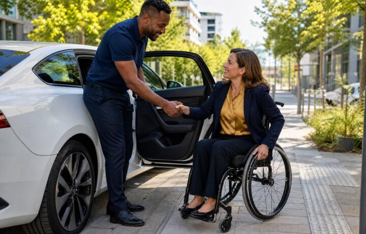 Chauffeur VTC français d'origine antillaise aidant avec bienveillance une passagère en fauteuil roulant à s'installer près d'une berline moderne à Paris