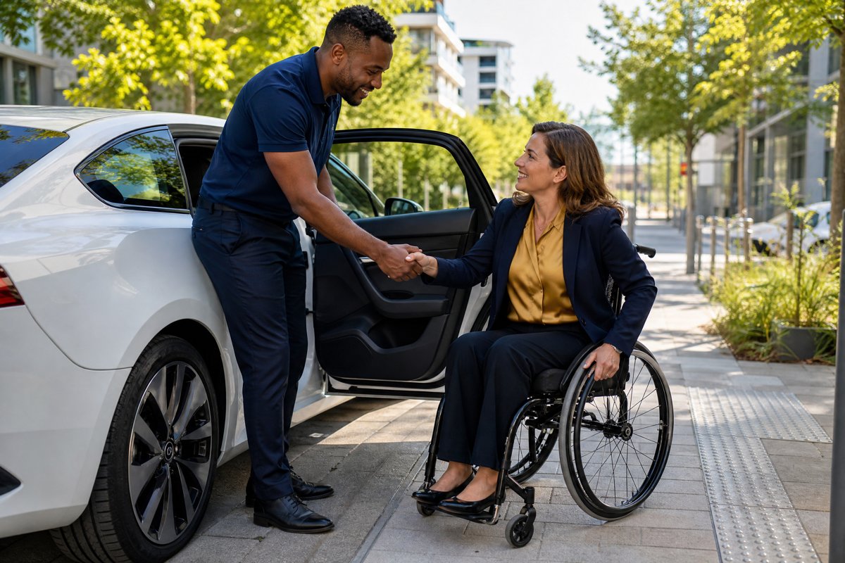 Chauffeur VTC français d'origine antillaise aidant avec bienveillance une passagère en fauteuil roulant à s'installer près d'une berline moderne à Paris