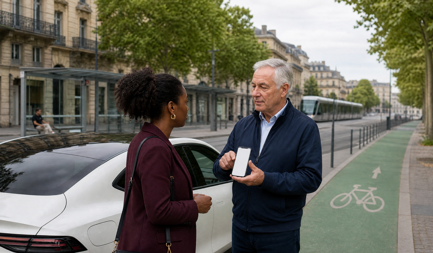 Chauffeur VTC français échangeant avec une cliente dans une voiture après une réservation