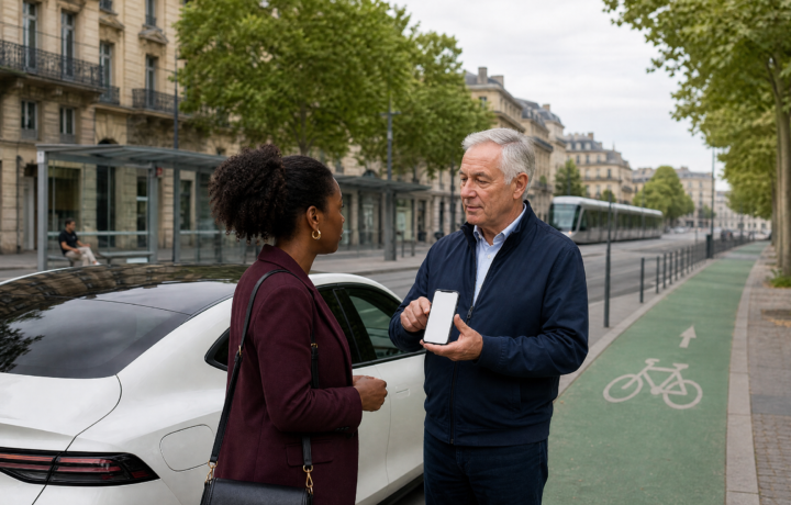 Chauffeur VTC français échangeant avec une cliente dans une voiture après une réservation