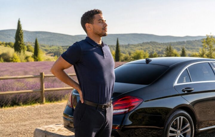 Jeune chauffeur VTC français de type métis s'étirant le dos près de sa voiture dans un paysage de Provence