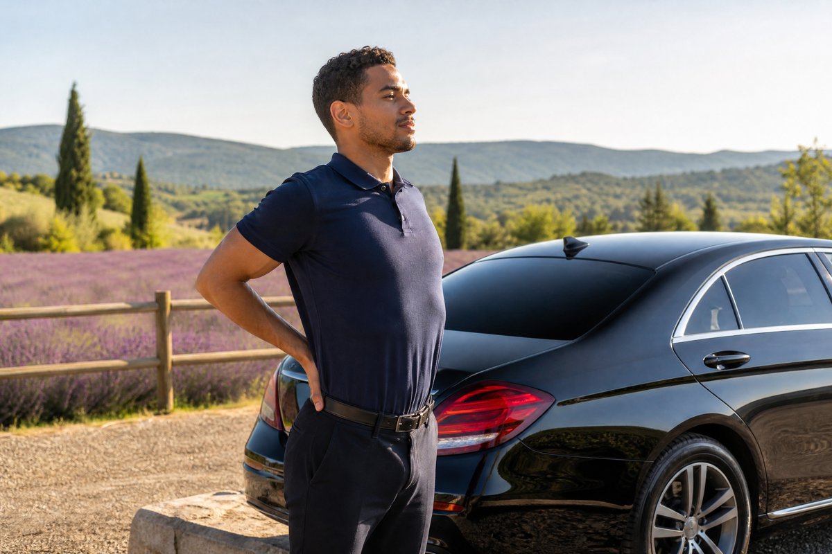 Jeune chauffeur VTC français de type métis s'étirant le dos près de sa voiture dans un paysage de Provence