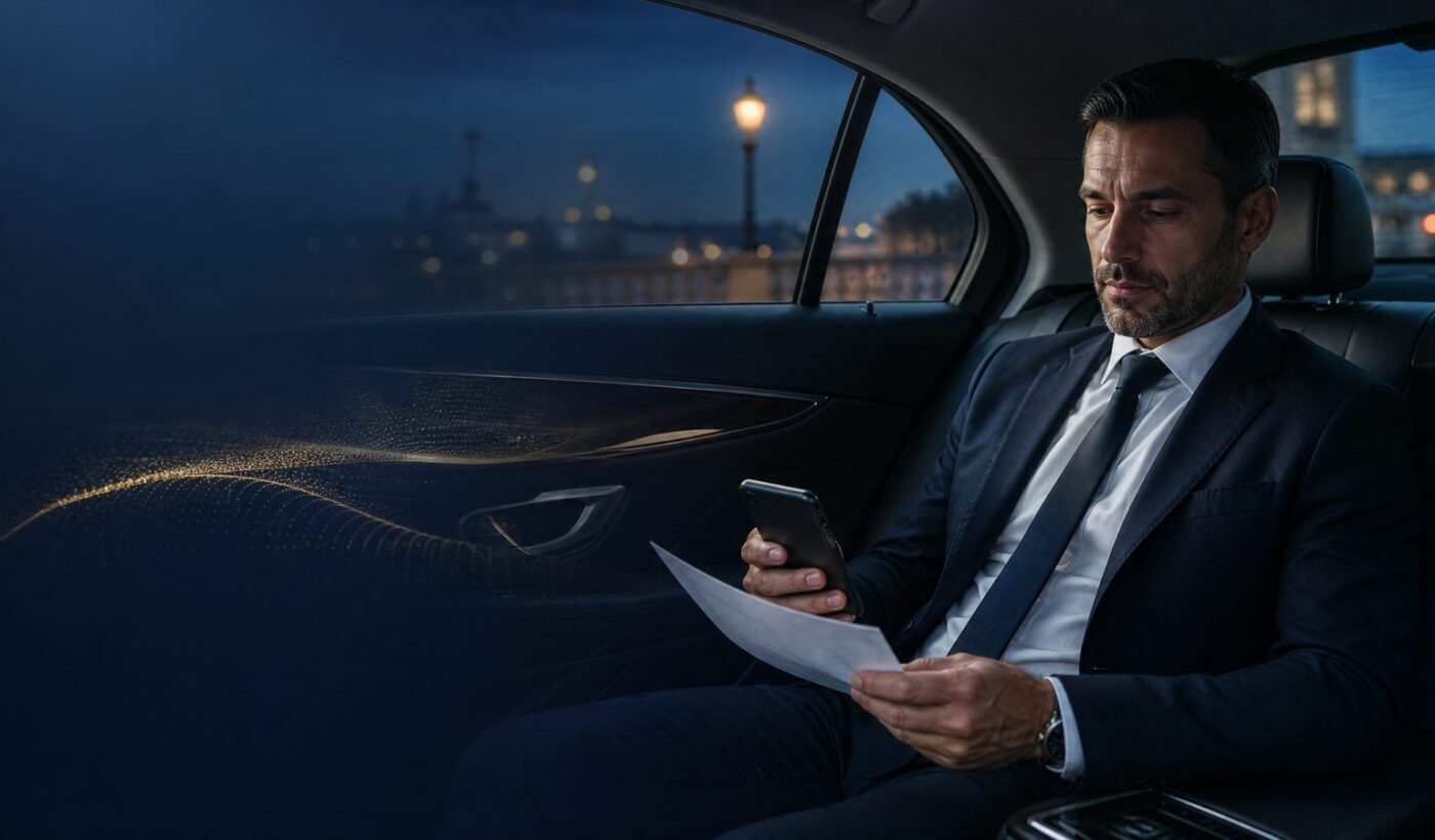Chauffeur VTC utilisant une plateforme de réservation sur son téléphone