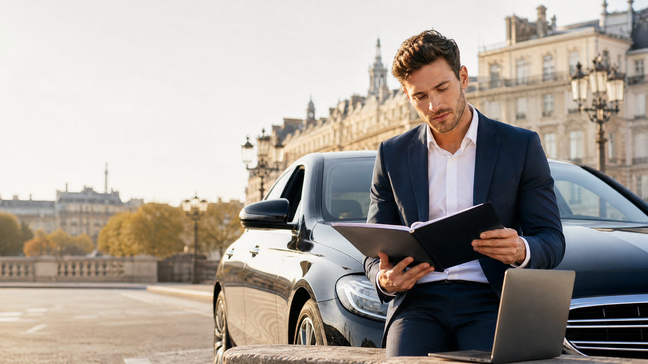 Futur chauffeur VTC étudiant les démarches et la préparation à côté d’une berline