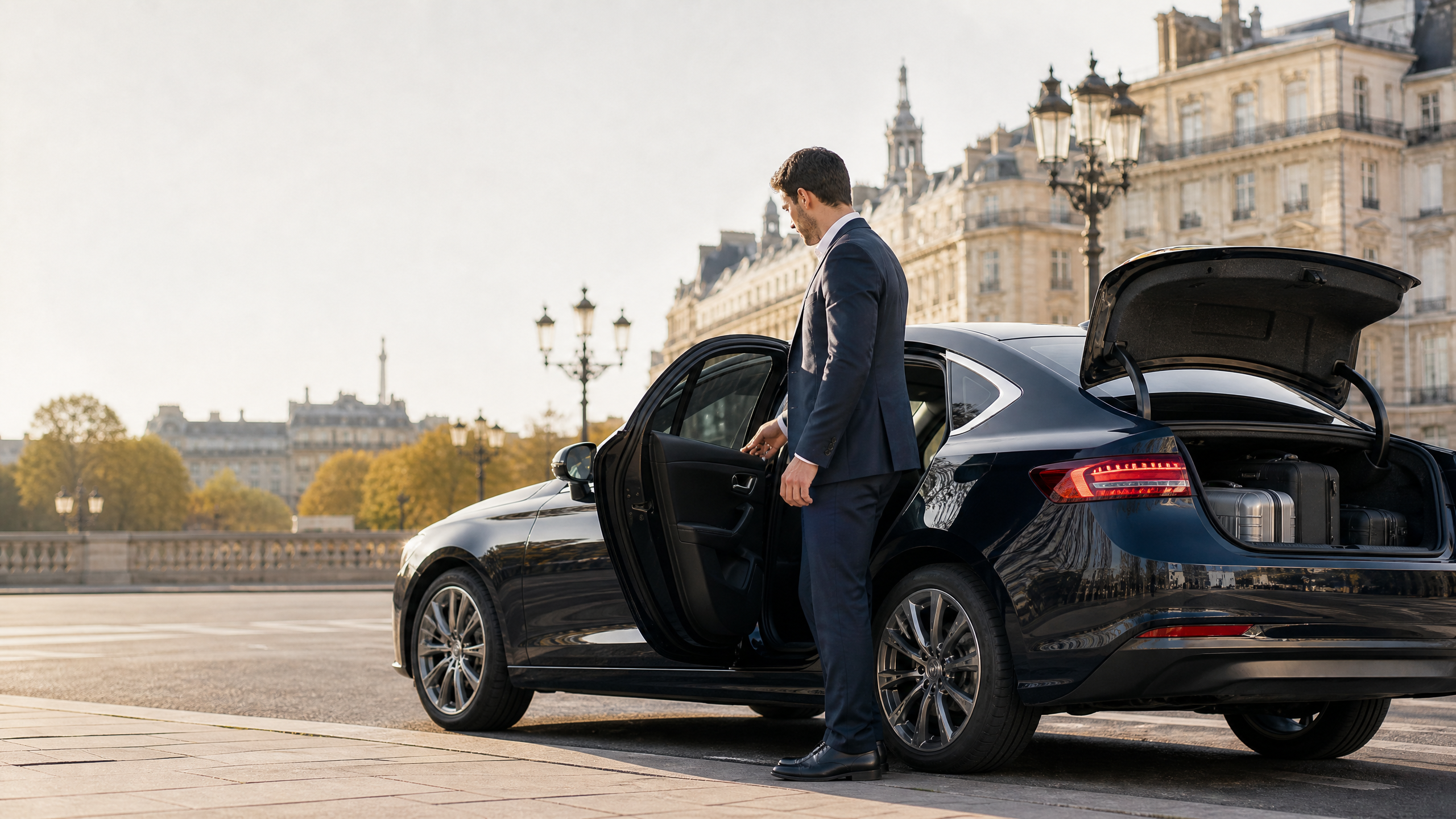 Chauffeur VTC présentant une berline adaptée au transport de passagers