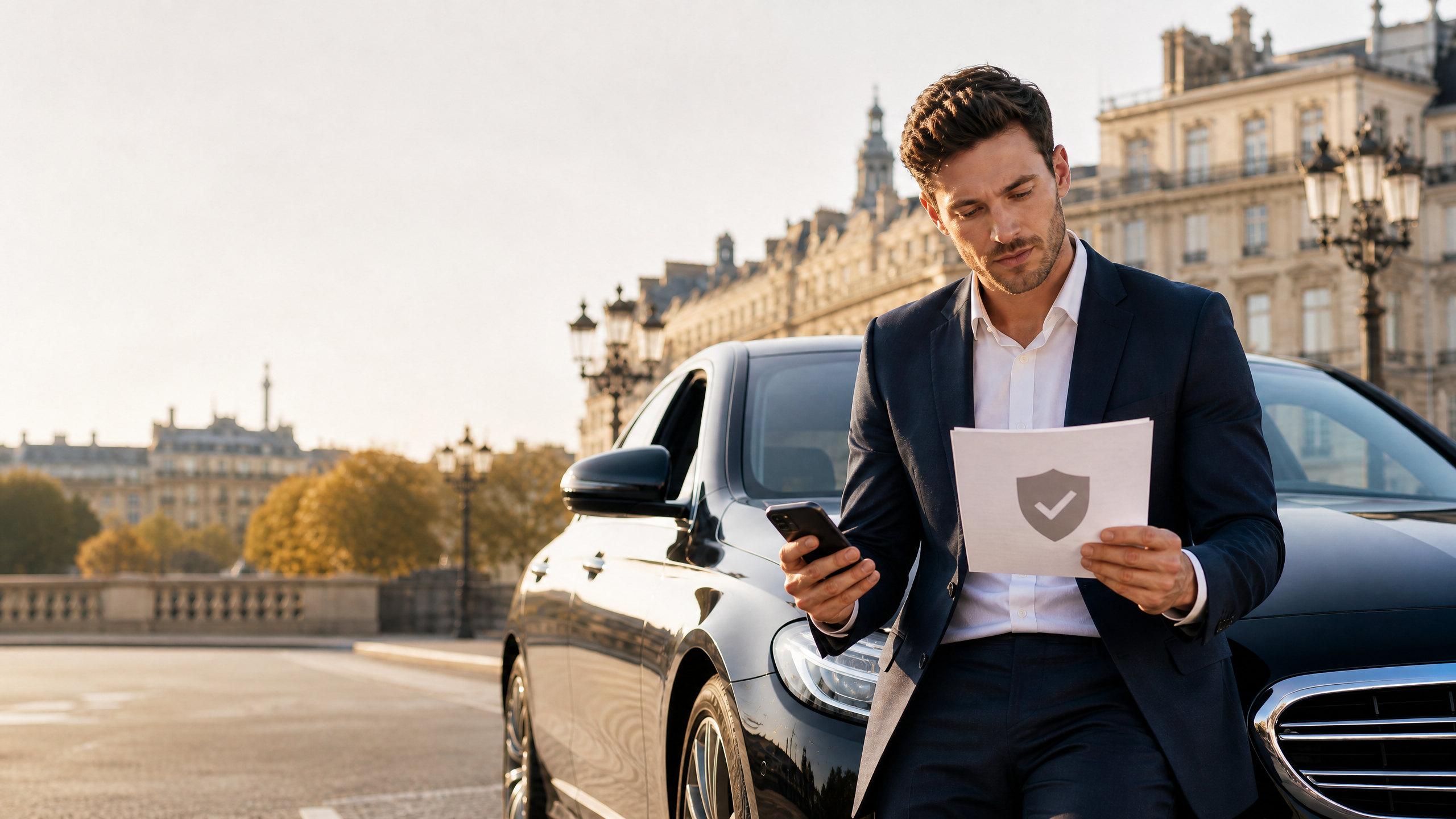Chauffeur VTC vérifiant ses garanties d’assurance professionnelle à côté de son véhicule