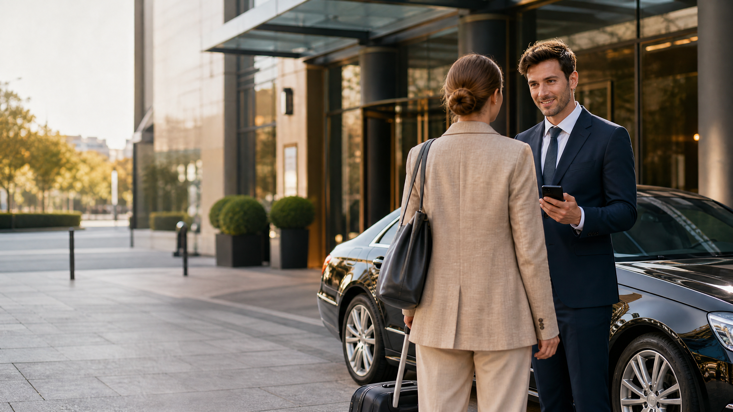 Chauffeur VTC accueillant une cliente professionnelle devant un hôtel