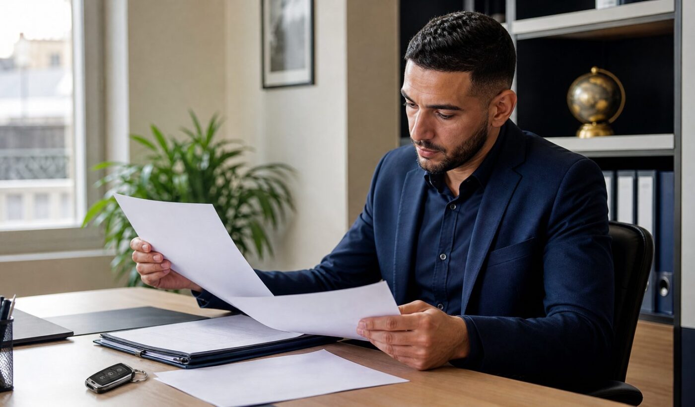 Dossier d’inscription au REVTC posé sur un bureau d’entrepreneur VTC