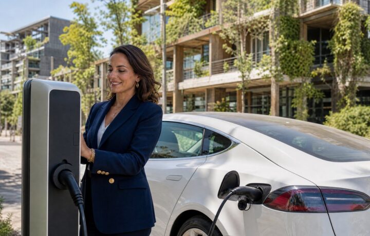Chauffeuse VTC française d'origine sud-européenne souriante rechargeant sa voiture électrique blanche à Bordeaux