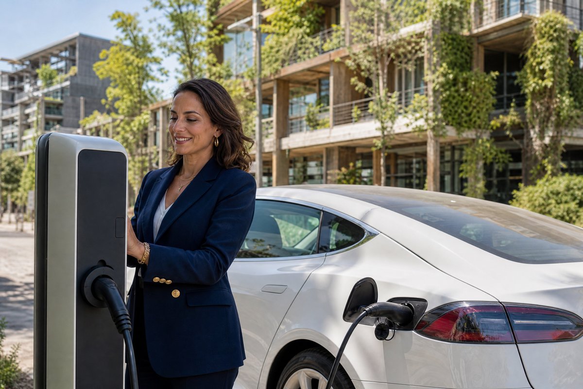 Chauffeuse VTC française d'origine sud-européenne souriante rechargeant sa voiture électrique blanche à Bordeaux