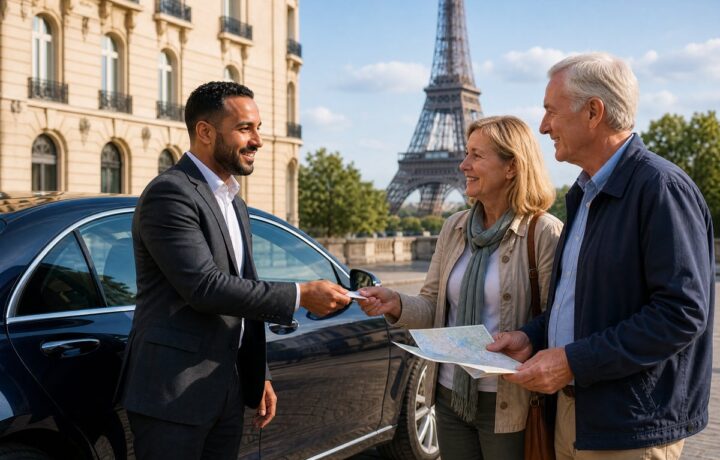 Chauffeur VTC français d'origine maghrébine accueillant un couple de touristes américains près de la Tour Eiffel