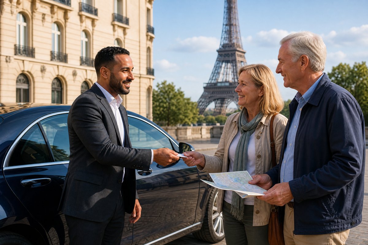 Chauffeur VTC français d'origine maghrébine accueillant un couple de touristes américains près de la Tour Eiffel