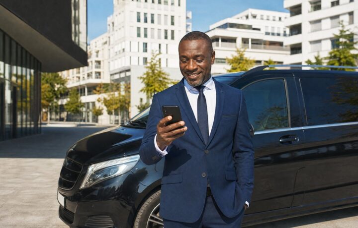 Chauffeur VTC français d'origine ouest-africaine souriant en regardant un avis 5 étoiles sur son téléphone à Lyon Confluence