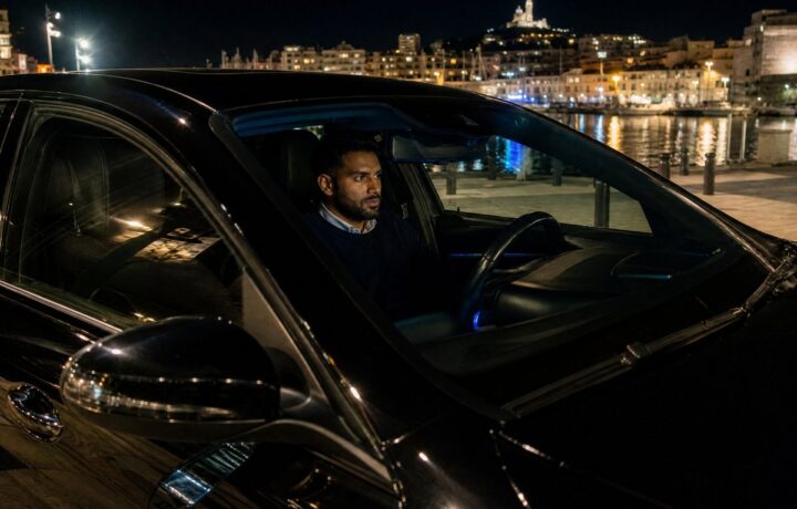 Chauffeur VTC français d'origine sud-asiatique vigilant dans sa voiture de nuit sur le Vieux-Port de Marseille
