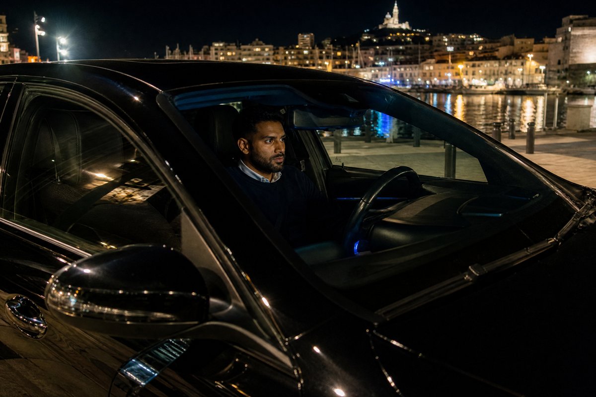 Chauffeur VTC français d'origine sud-asiatique vigilant dans sa voiture de nuit sur le Vieux-Port de Marseille
